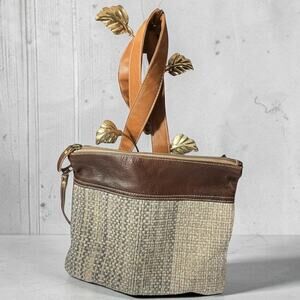 Myra Bag Crossbody Woven Blue and Cream & Brown Leather Wrist Strap Back Denim